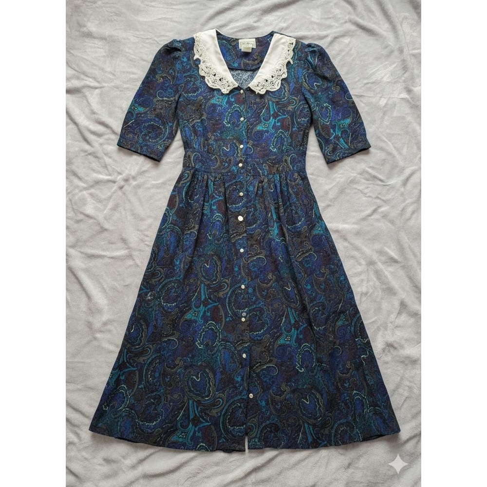 Miss Dorby Paisley Print Midi Dress‎ Button Front Lace Colla Sz 16P Grannycore
